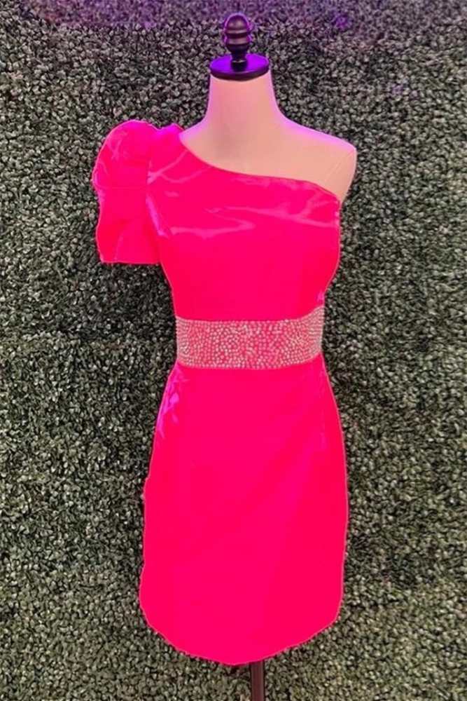 Hot Pink One Shoulder Beaded Tight Homecoming Dress