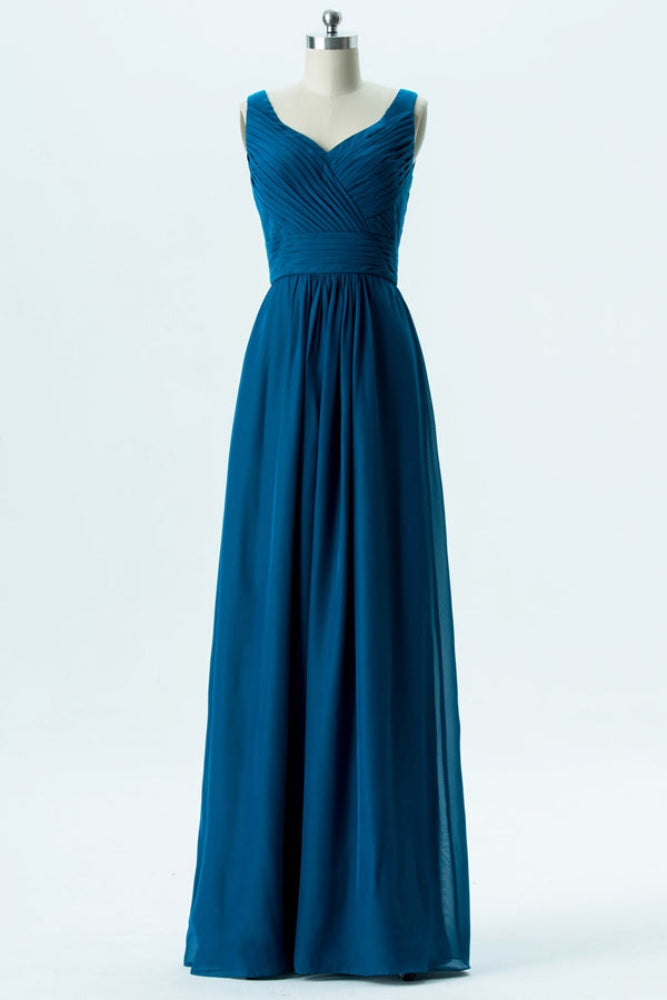 Teal V-Neck Pleated Long Bridesmaid Dress