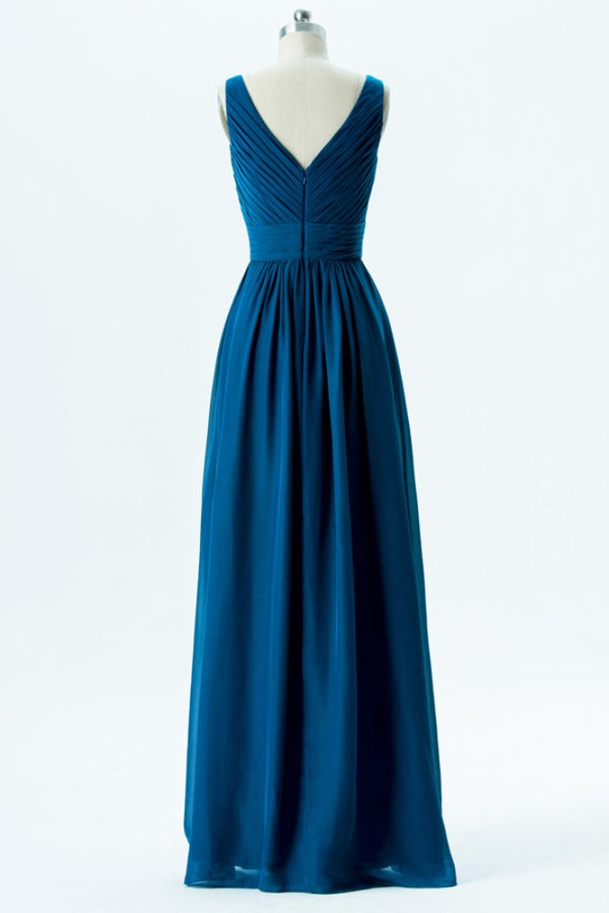 Teal V-Neck Pleated Long Bridesmaid Dress