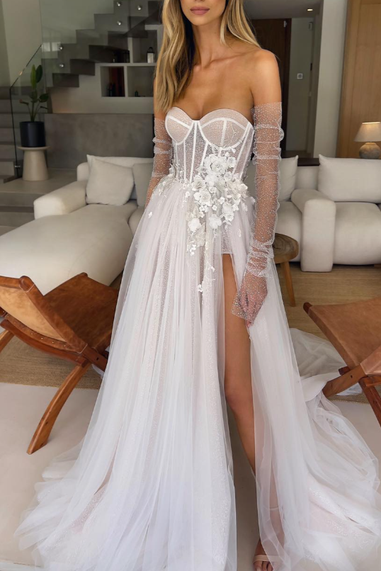 Sheer Tulle A-Line Sweetheart Beach Wedding Dress