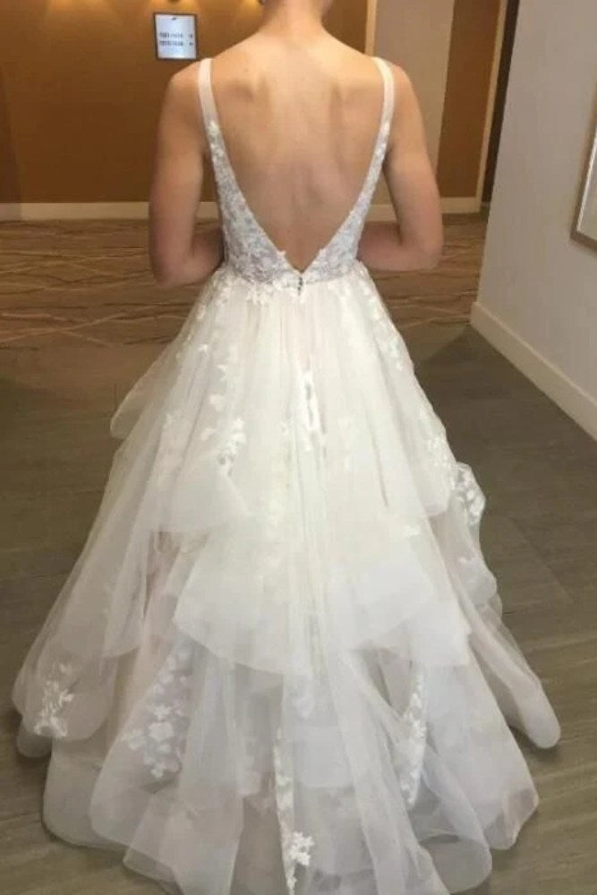 Ivory Plunging Neck Applique Layered Wedding Dress