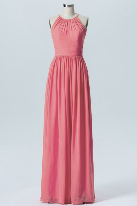 Coral Halter Long Bridesmaid Dress with Band Waist