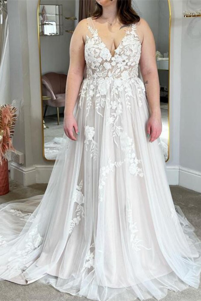 Ivory V-Neck Applique A-Line Long Bridal Dress