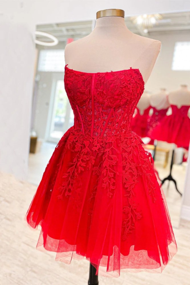 Red Strapless Applique A-line Short Homecoming Dress