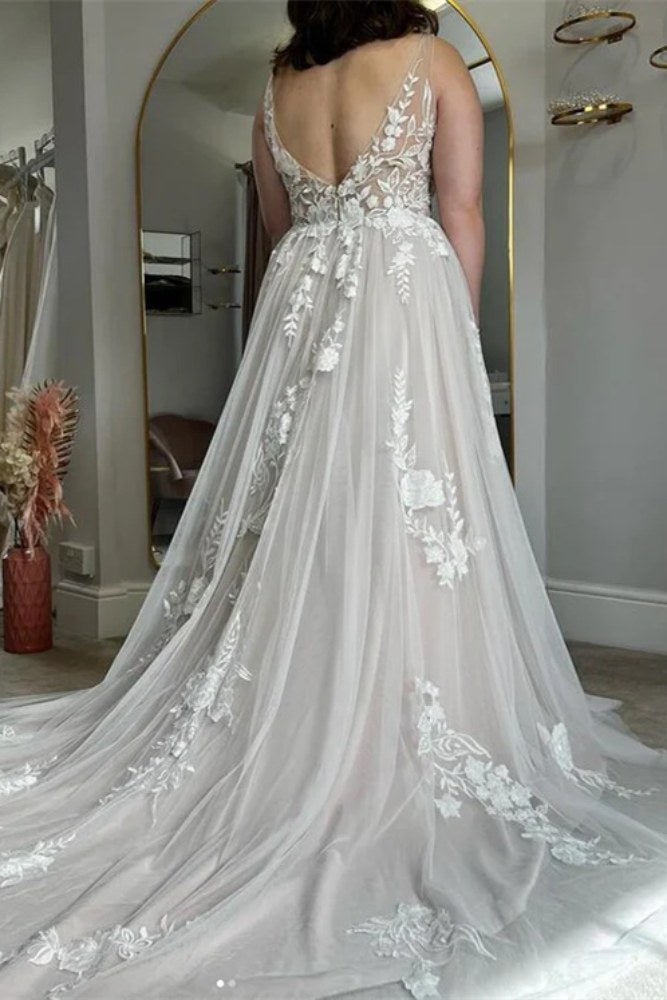 Ivory V-Neck Applique A-Line Long Bridal Dress