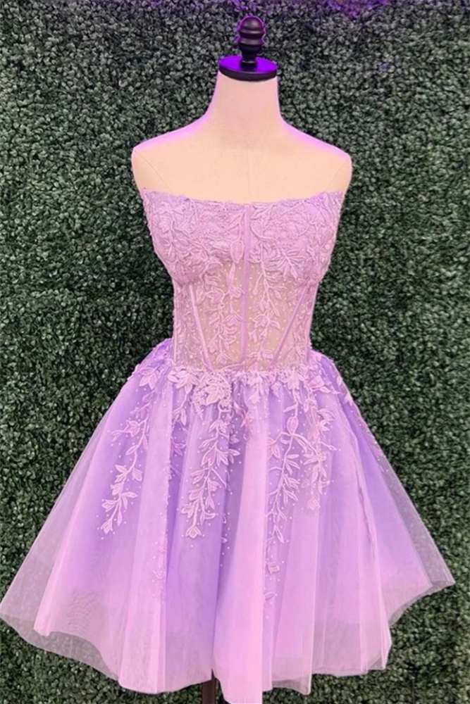 Lavender Strapless Applique A-line Short Homecoming Dress