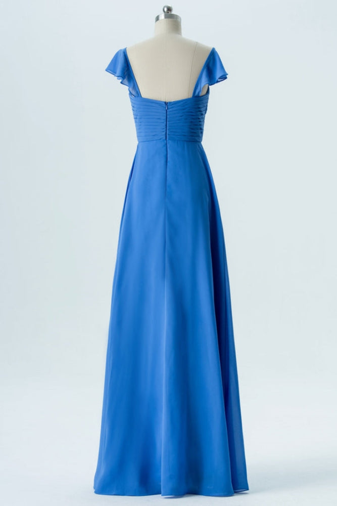 Ocean Blue Cap Sleeves Chiffon Bridesmaid Dress