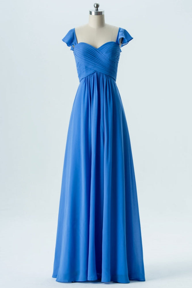 Ocean Blue Cap Sleeves Chiffon Bridesmaid Dress