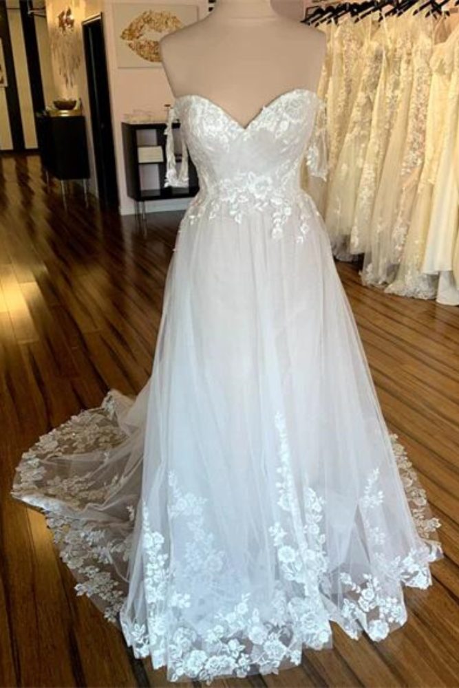 White Off the Shoulder Applique A-Line Wedding Dress