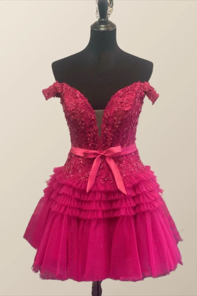 Fushia Plunging Neck  A-line Tiered Short Homecoming Dress