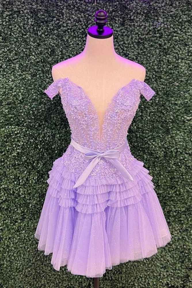 Lavender Plunging Neck  A-line Tiered Short Homecoming Dress