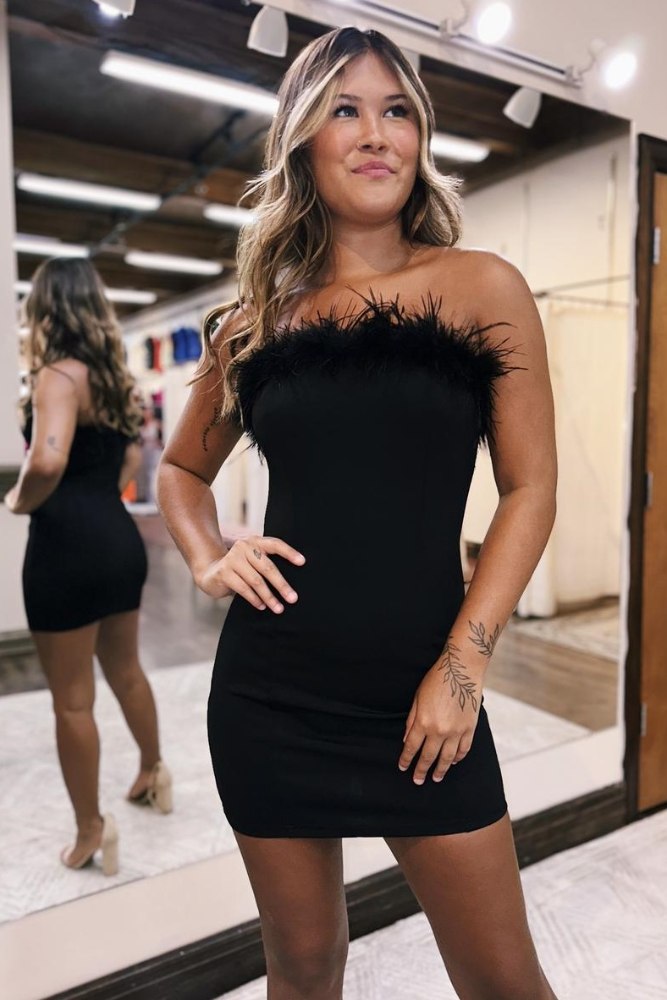 Black Strapless Bodycon Homecoming Dress with Feather