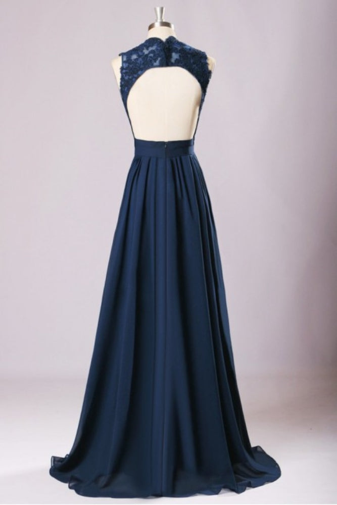 Dark Navy V-Neck Applique A-Line Bridesmaid Dress