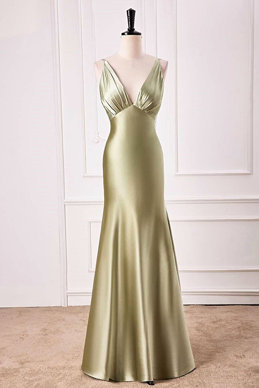 V-Neck Satin Dusty Sage Mermaid  Long Prom Dress