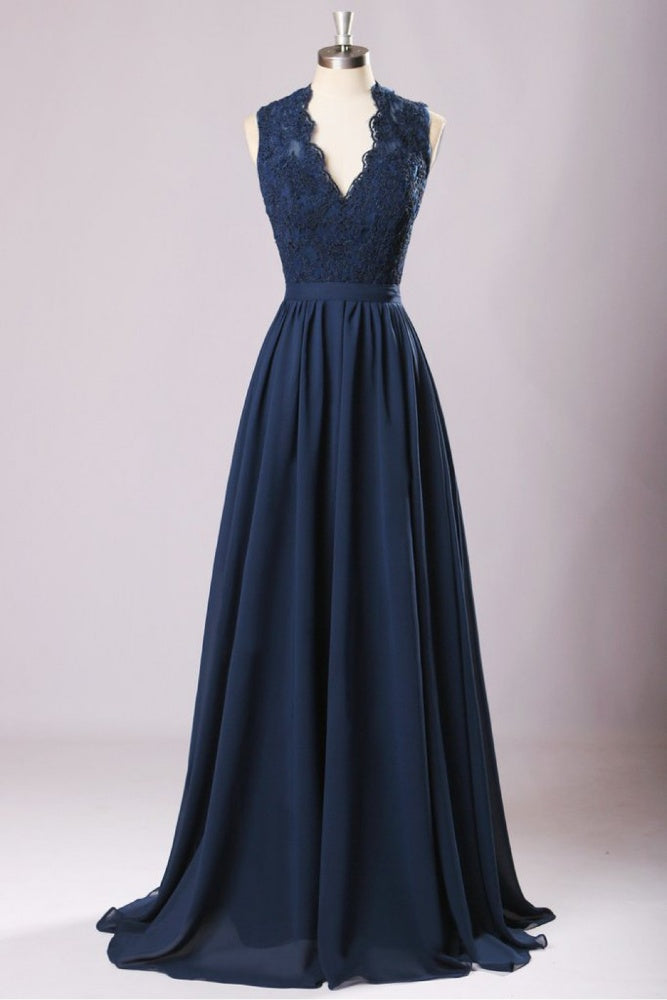 Dark Navy V-Neck Applique A-Line Bridesmaid Dress