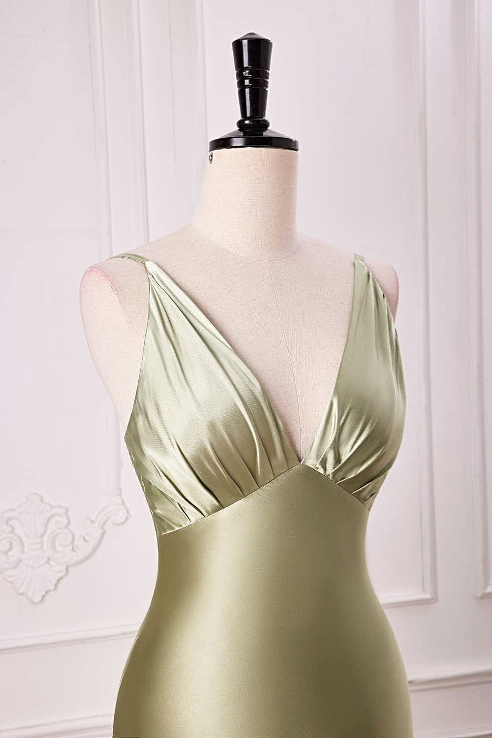 V-Neck Satin Dusty Sage Mermaid  Long Prom Dress