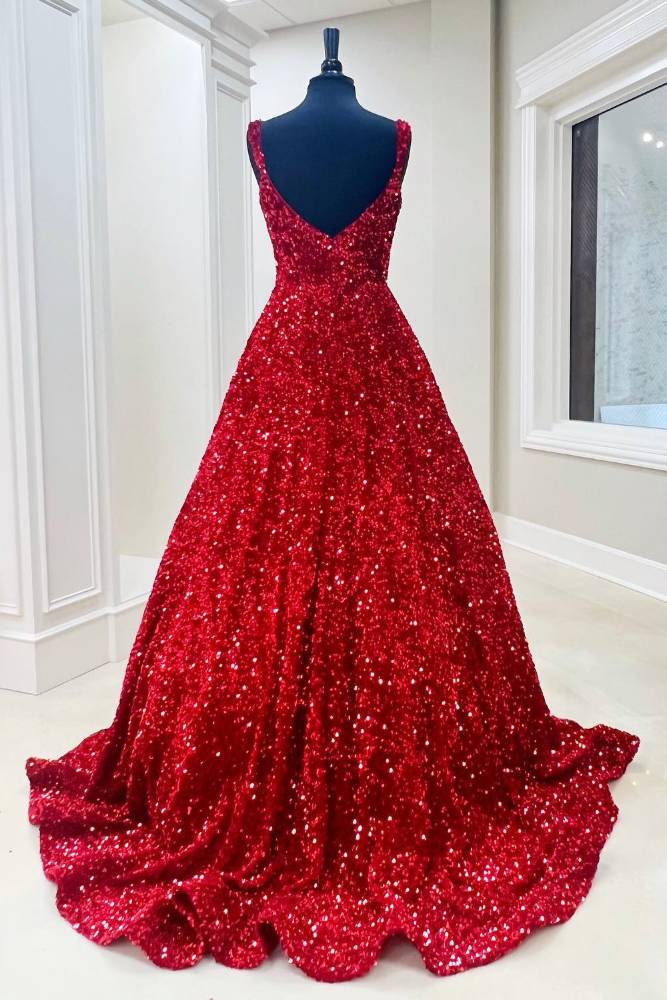 Red Straps Sequin A-Line Ruffle Long Formal Dress