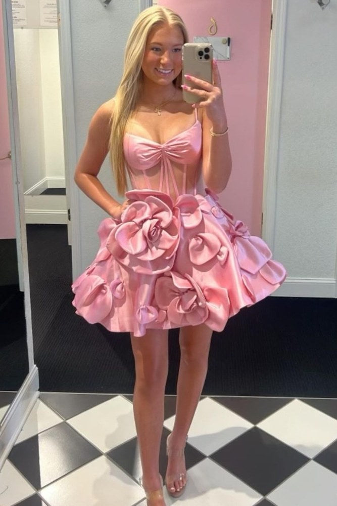 Yellow Straps A-Line Homecoming Dress with 3D Floral