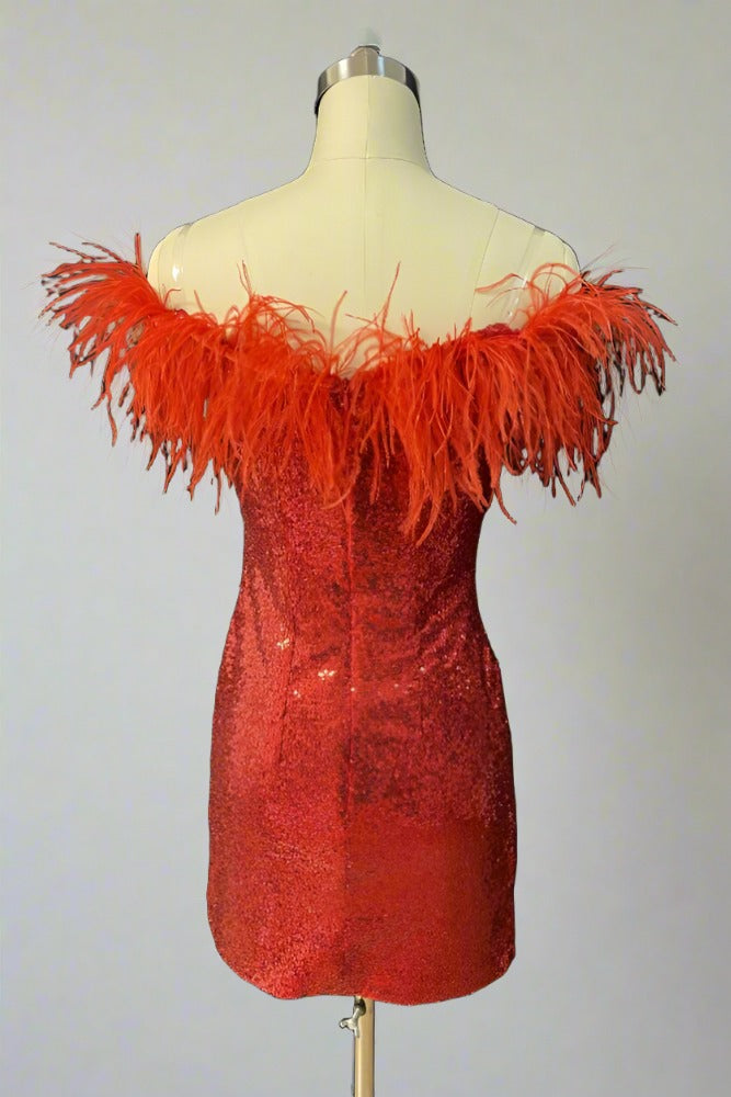 Red Off the Shoulder Sequin Homecoming Dress with Feather