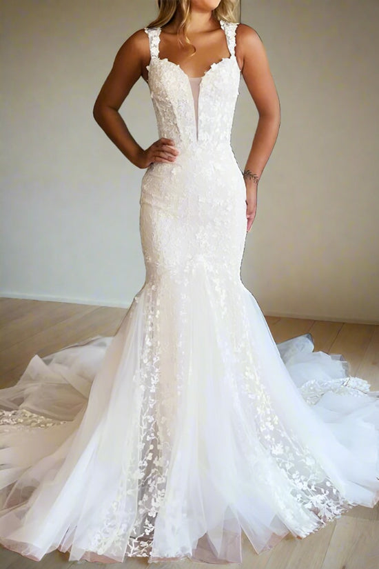 Ivory Straps Applique Bodycon Mermaid Wedding Dress