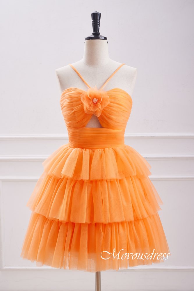 Orange Spaghetti Straps Multi-Layers A-line Homecoming Dress with Floral