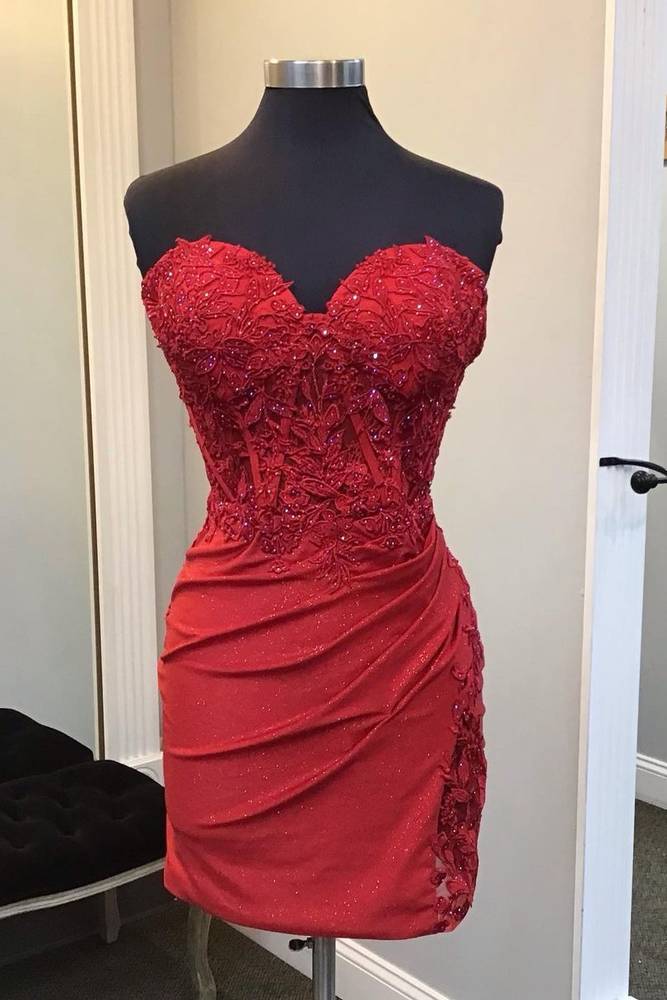 Strapless Red Applique Ruched Homecoming Dress