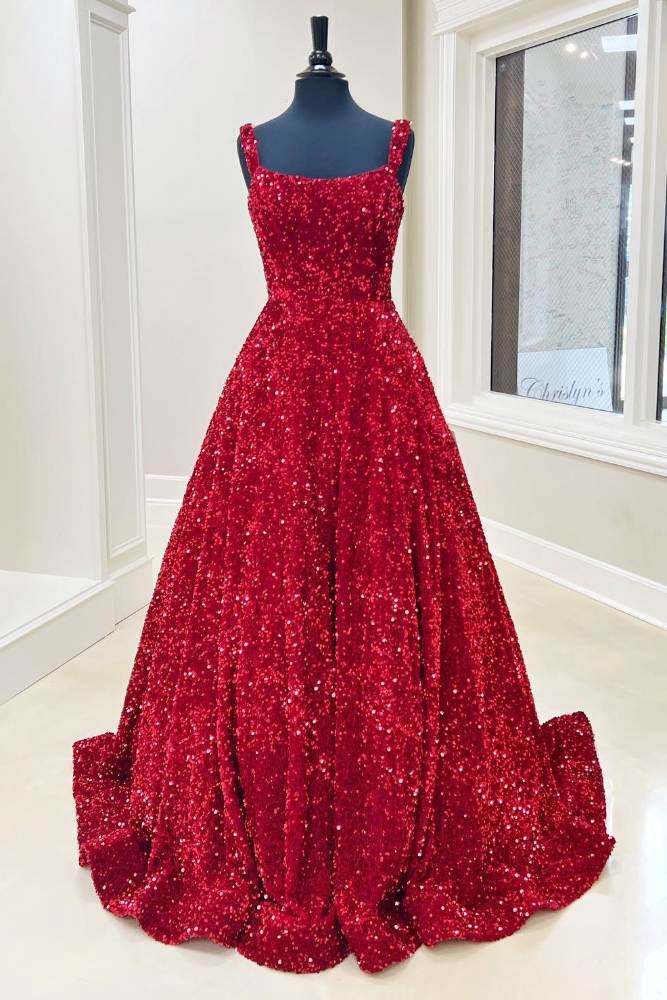 Red Straps Sequin A-Line Ruffle Long Formal Dress