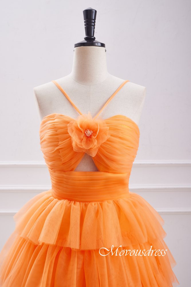 Orange Spaghetti Straps Multi-Layers A-line Homecoming Dress with Floral