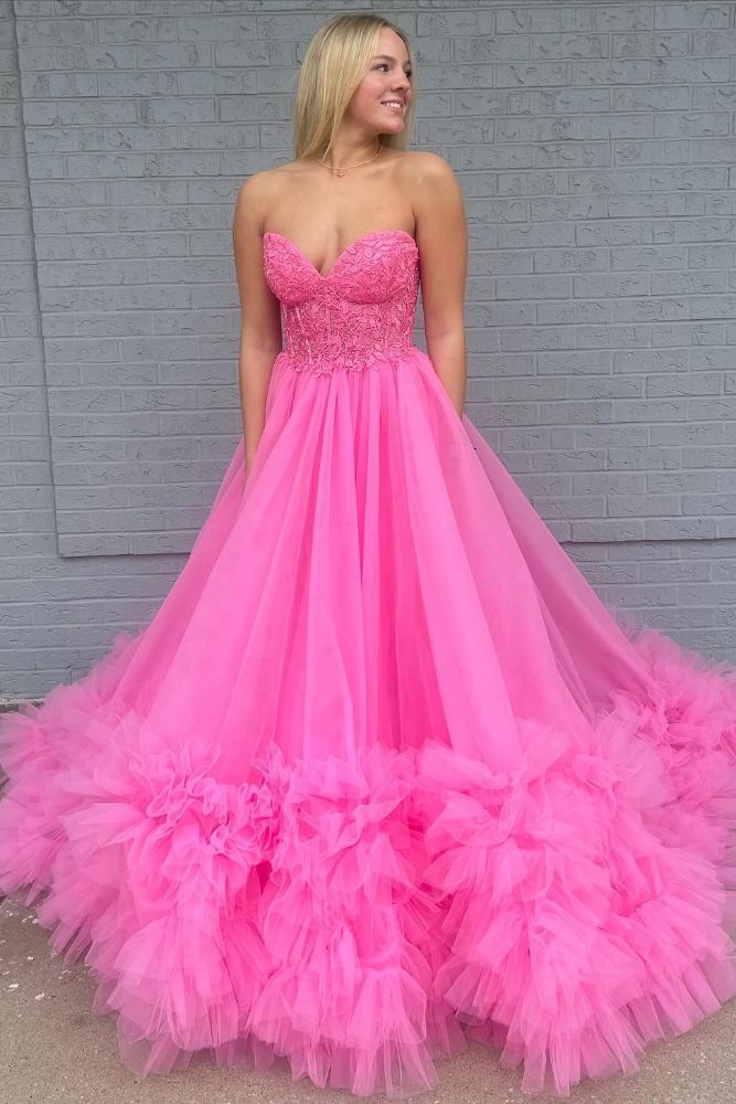 Strapless Hot Pink Applique Ruffle Layered A-Line Prom Dress