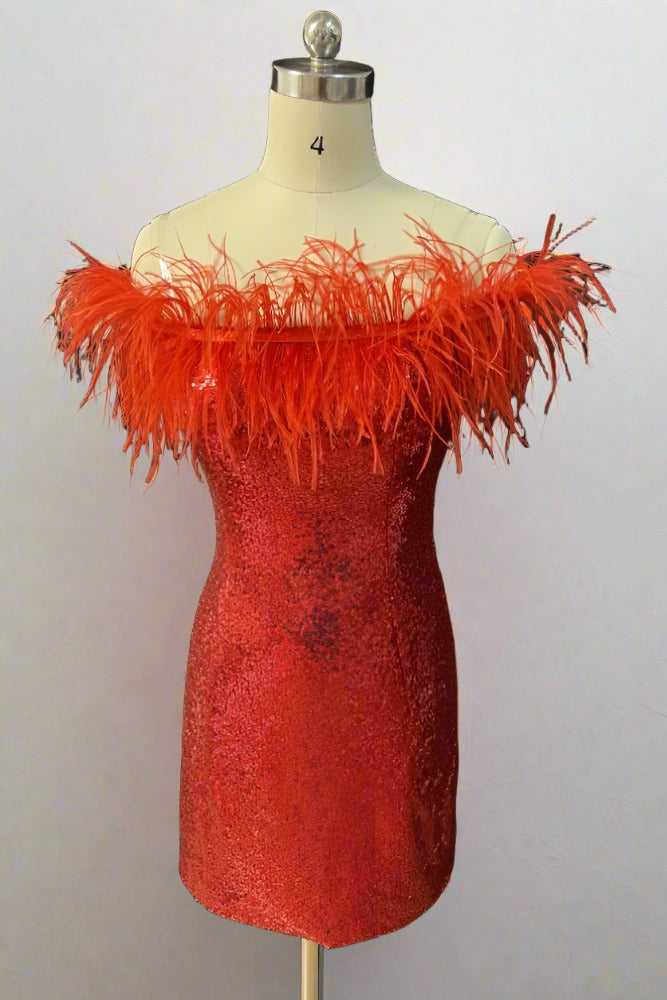 Red Off the Shoulder Sequin Homecoming Dress with Feather