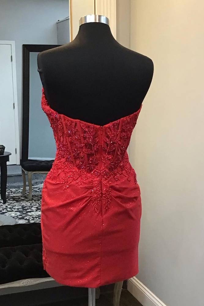 Strapless Red Applique Ruched Homecoming Dress