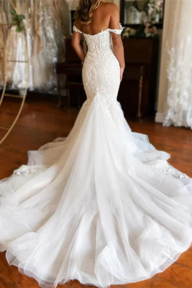 bodycon fishtail wedding dress Off Shoulder Mermaid Wedding Dress, Minimalist Bridal Gown, Long Train