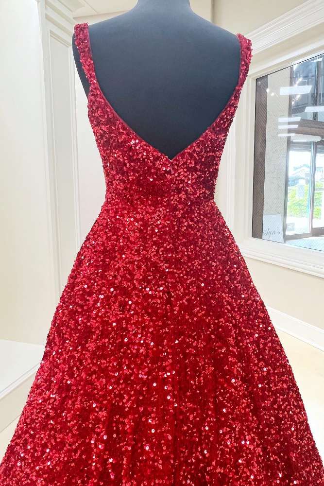 Red Straps Sequin A-Line Ruffle Long Formal Dress