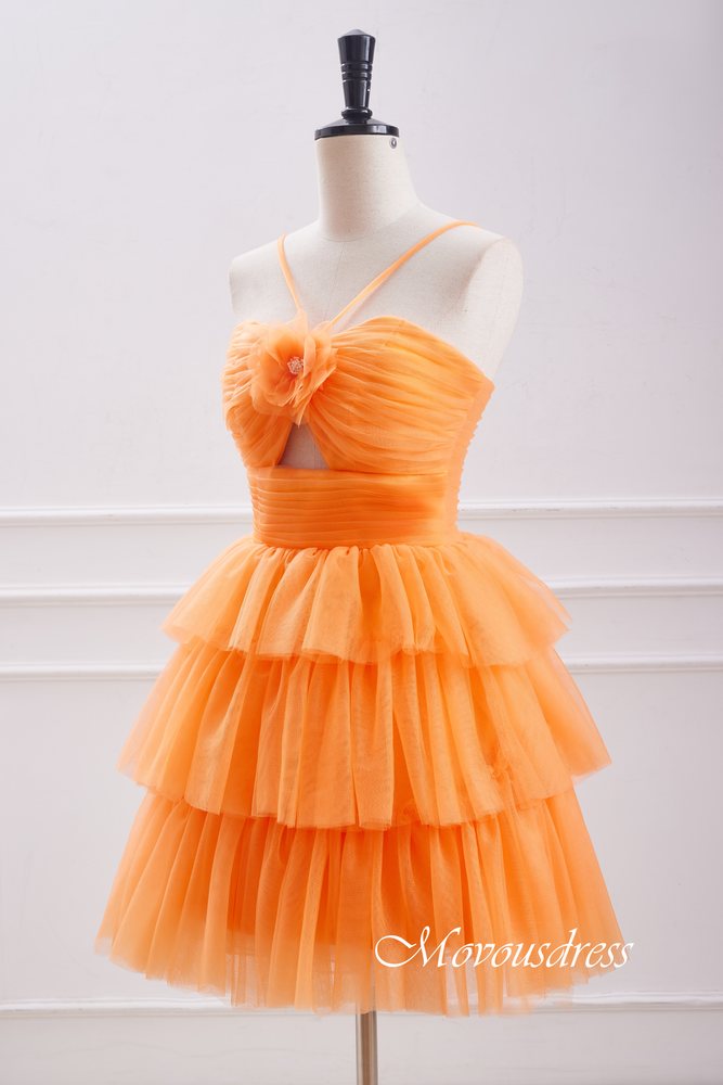 Orange Spaghetti Straps Multi-Layers A-line Homecoming Dress with Floral