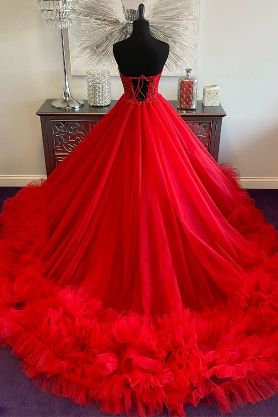 Strapless Red Applique Ruffle Layered A-Line Prom Dress