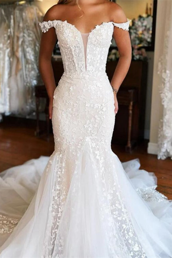 Ivory Straps Applique Bodycon Mermaid Wedding Dress