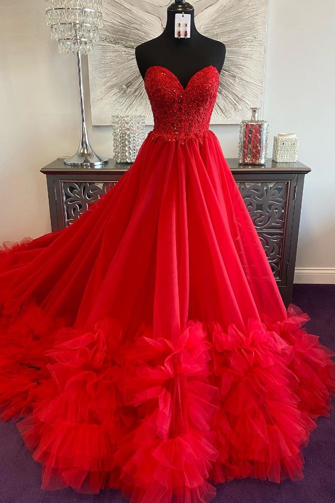 Strapless Red Applique Ruffle Layered A-Line Prom Dress