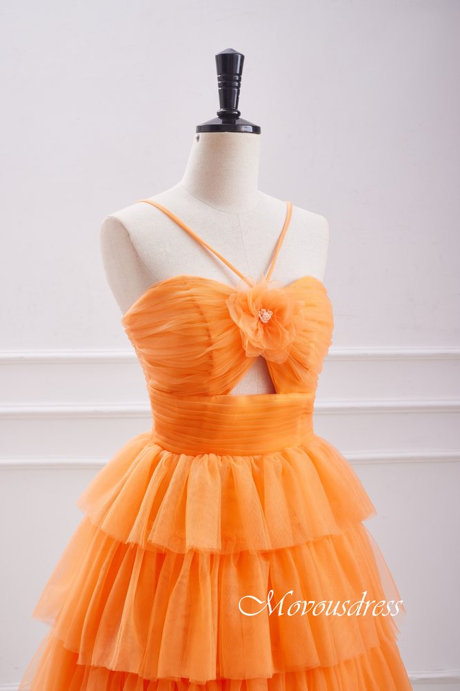 Orange Spaghetti Straps Multi-Layers A-line Homecoming Dress with Floral