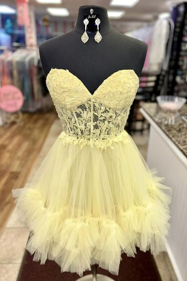 Strapless Light Yellow Layered Tulle Homecoming Dresses