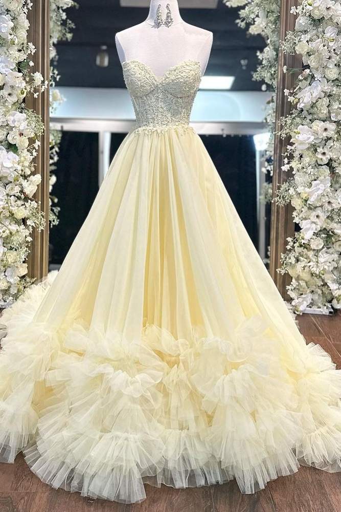 Strapless Yellow Applique Ruffle Layered A-Line Prom Dress