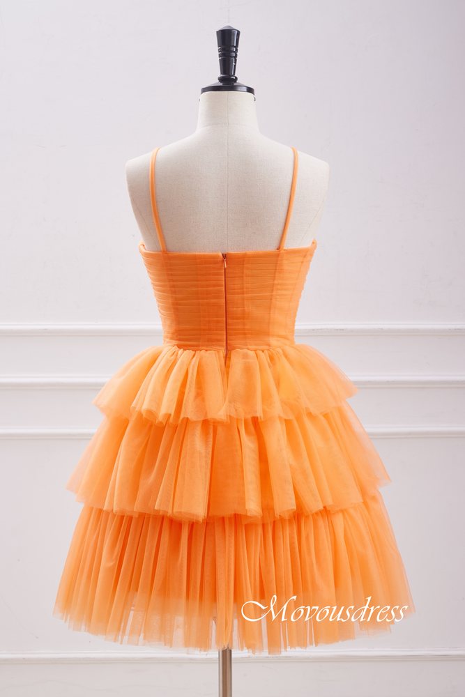 Orange Spaghetti Straps Multi-Layers A-line Homecoming Dress with Floral