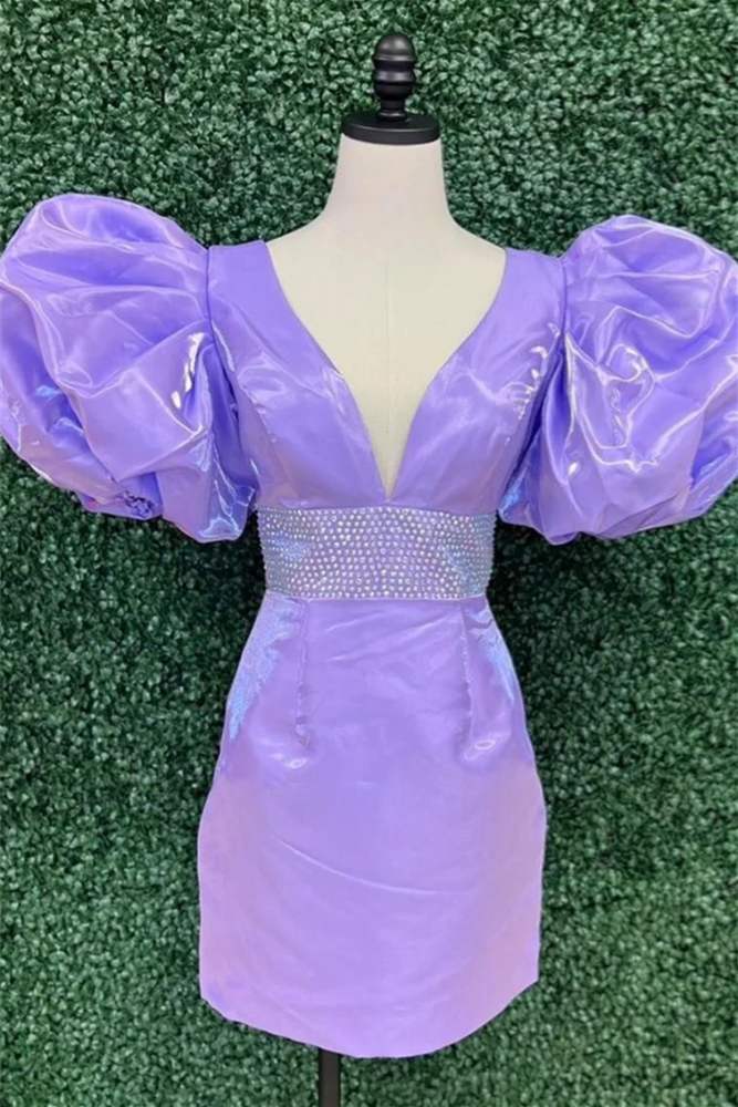 Lavender V-Neck Short Homecoming Dress with Puff Sleeves