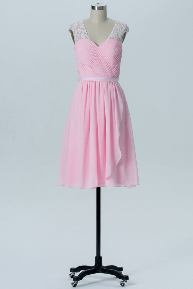 Pink Lace Straps Pleated Short Bridesmaid Dress