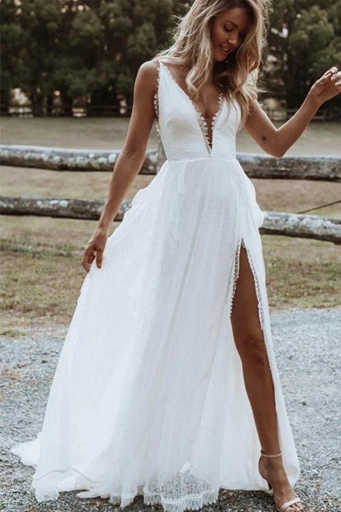 White Plunging Neck Lace Wedding Dress with Slit