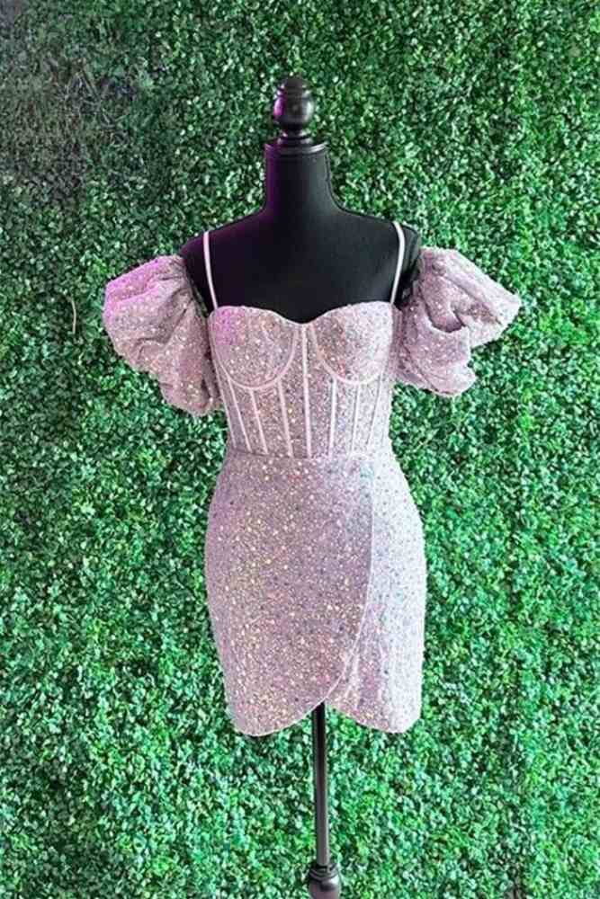 Spaghetti Straps Corset Sequin Short Homecoming Dress with Puff Sleeve