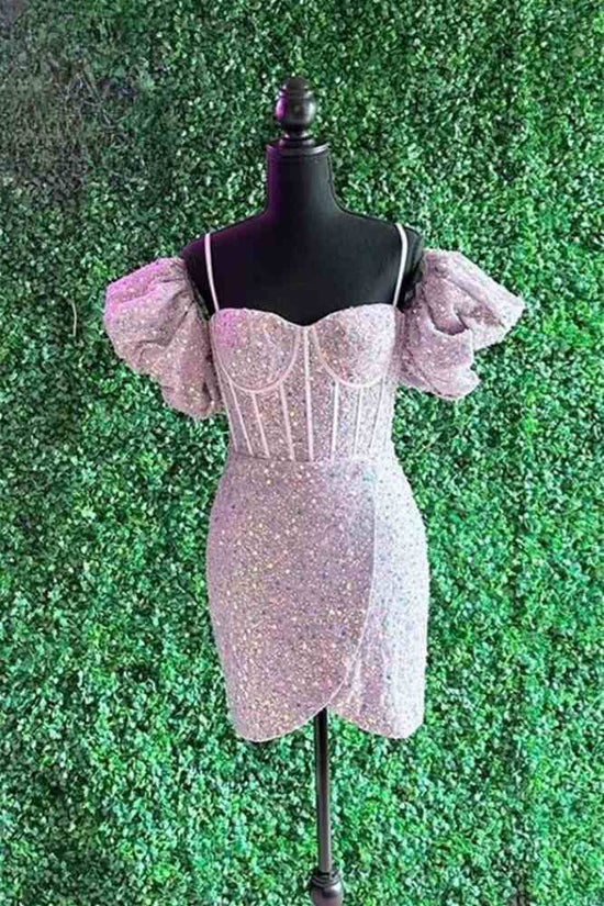 Spaghetti Straps Corset Sequin Short Homecoming Dress with Puff Sleeve