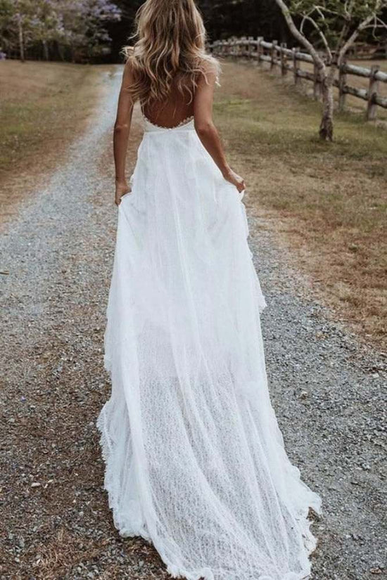 White Plunging Neck Lace Wedding Dress with Slit