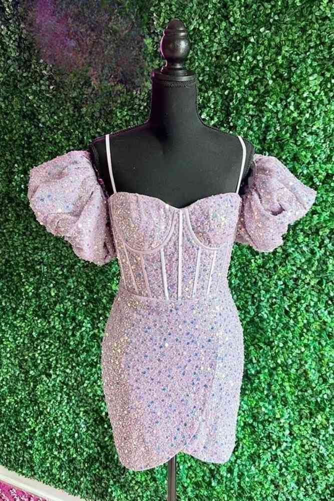 Spaghetti Straps Corset Sequin Short Homecoming Dress with Puff Sleeve