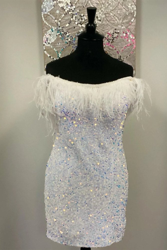 White Strapless Sequins Tight Homecoming Dress with Feather