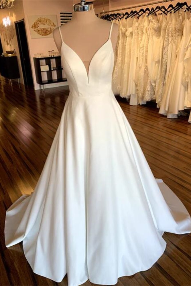 Ivory V-Neck Satin A-Line Wedding Dress with Backless